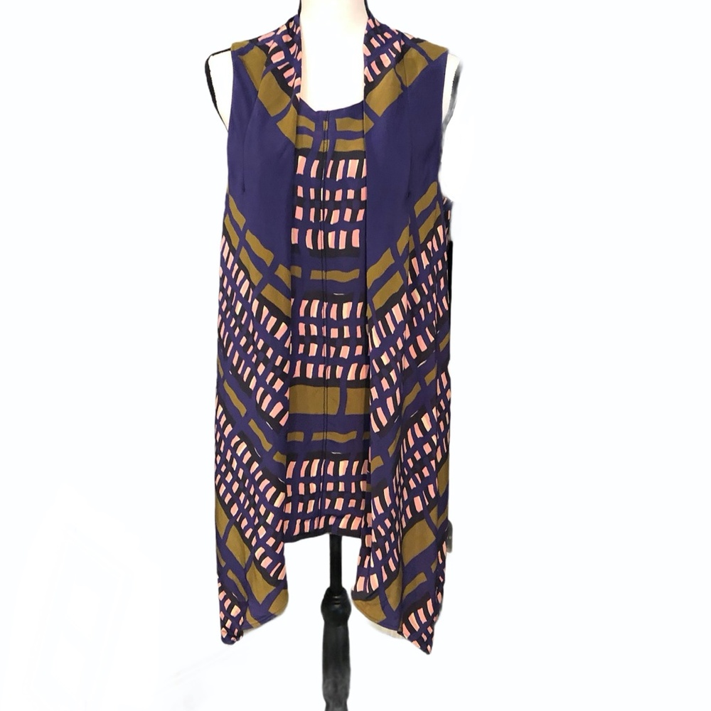 MARNI A/W 2011 ABSTRACT CHECK SILK ASYMMETRICAL DRESS WITH SCARF/PLEAT DETAIL